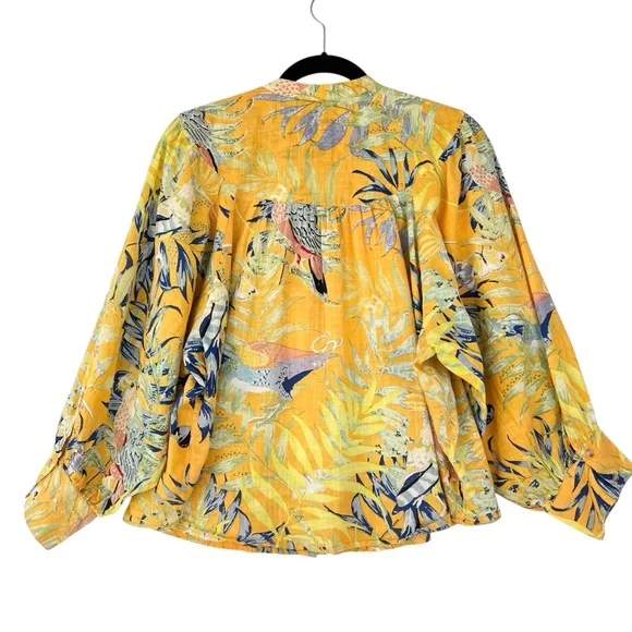 Anthropologie Maeve Yellow Tropical Floral Bird Top Sz L Relaxed Cotton Button - Picture 3 of 14